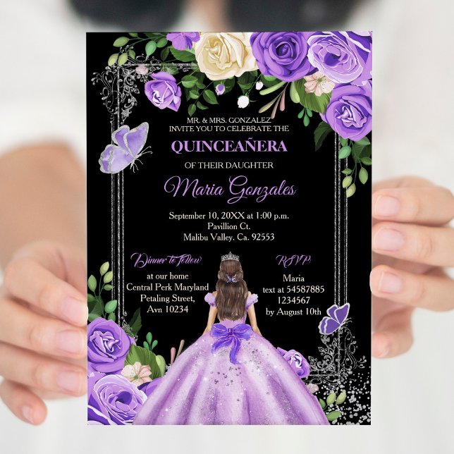 Convite Lavanda lilás cores prateadas roxas Quinceanera (Criador carregado)