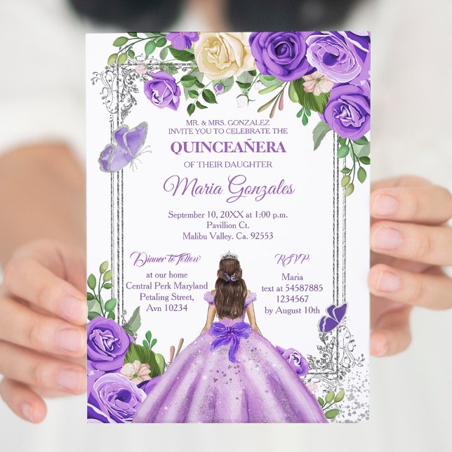 Convite Lavanda lilás prata roxa Quinceanera Borboleta (Criador carregado)