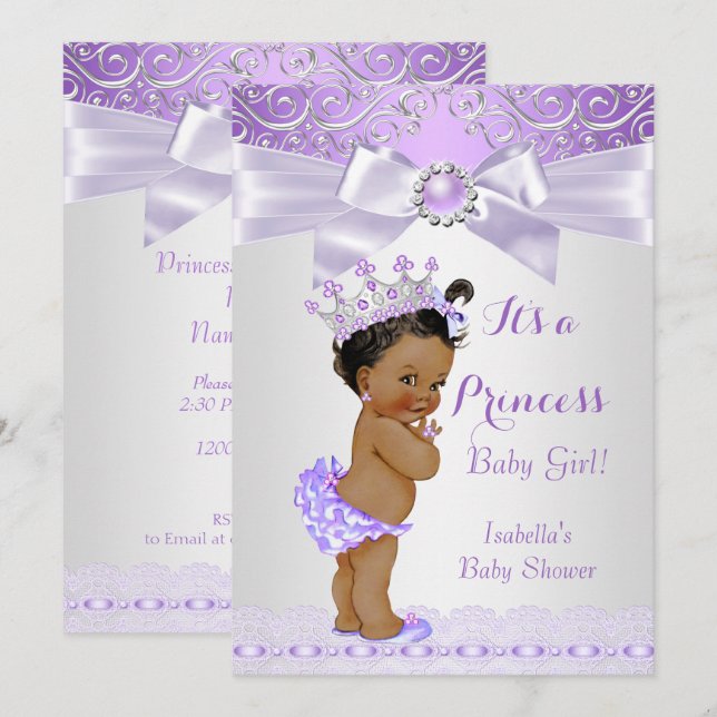 Convite Lavanda Lilás Princesa Bebê Chamada Étnica Branco (Frente/Verso)