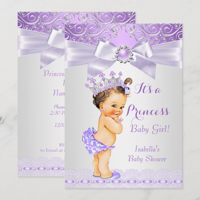 Convite Lavanda Lilás Princesa Bebê Chuva Morena Branco (Frente/Verso)