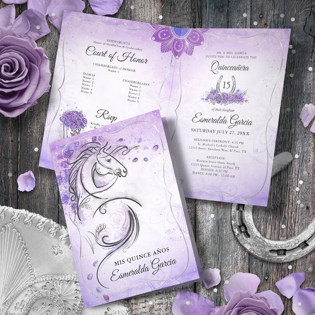 Convite Lavanda Lilática Silver Charro Quinceanera Dobrada (Criador carregado)