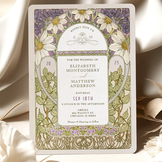 Convite Lavanda Marguerite Daisy Wedding Art Nouveau (Criador carregado)