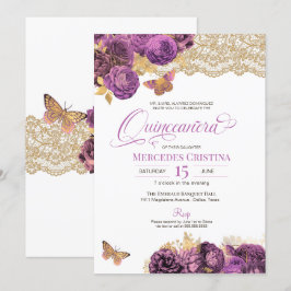 Convite Lavanda Mauve Rosas e Borboleta Lace Quinceañera