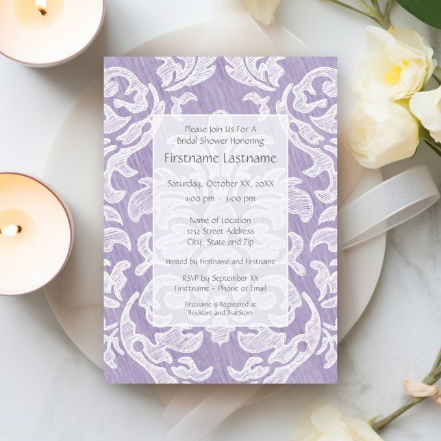 Convite Lavanda Modern Damask Chá de panela Party (Bridal Shower Invitation - lavender and white lace print)