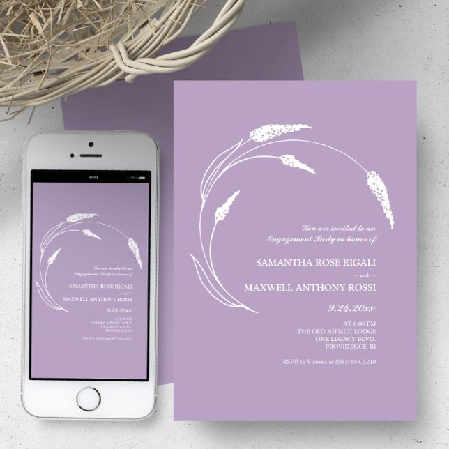Convite Lavanda moderna elegante (Wedding invitations feature minimalistic lavender line art Victoria Grigaliunas of Do Tell A Belle)
