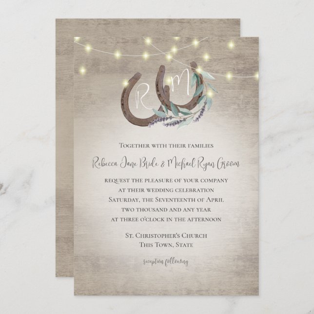 Convite Lavanda Monograma e Aquarela de Ferradura (Frente/Verso)