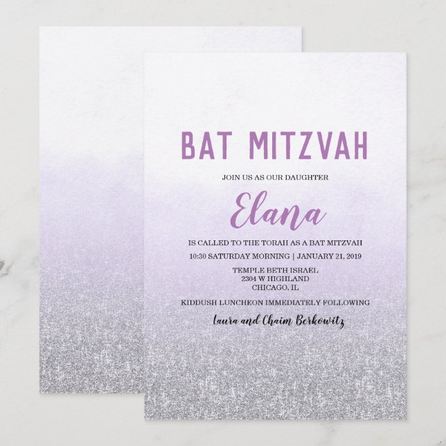 Convite Lavanda Ombre para Bat Mitzvah (Frente/Verso)
