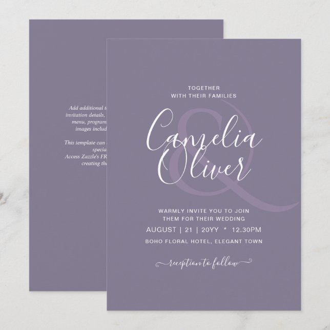 Convite LAVANDA ORÇAMENTAL Casamento Monocromático Dusty P (Frente/Verso)