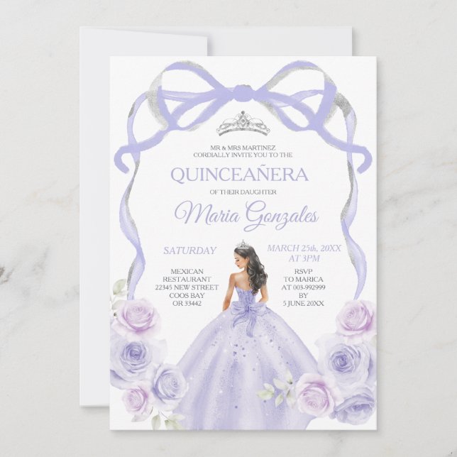 Convite Lavanda Princesa Arco Roxo Silver Quinceañera (Frente)