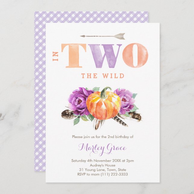 Convite Lavanda Pumpkin Boho Girl segundo aniversário Part (Frente/Verso)