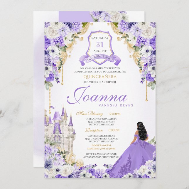 Convite Lavanda Purple e Dourada Princesa Real Quinceanera (Frente/Verso)