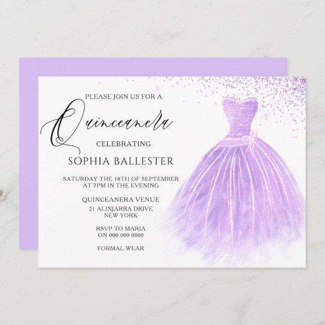 Convite Lavanda Purple Glitter Gown Quinceanera (Frente/Verso)