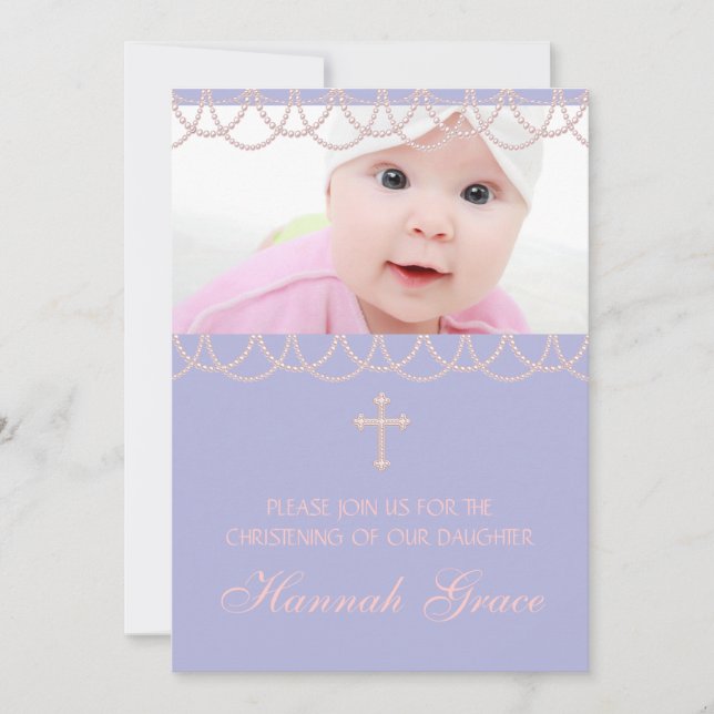 Convite Lavanda Purple Pearl Cross Fotografia Christening (Frente)