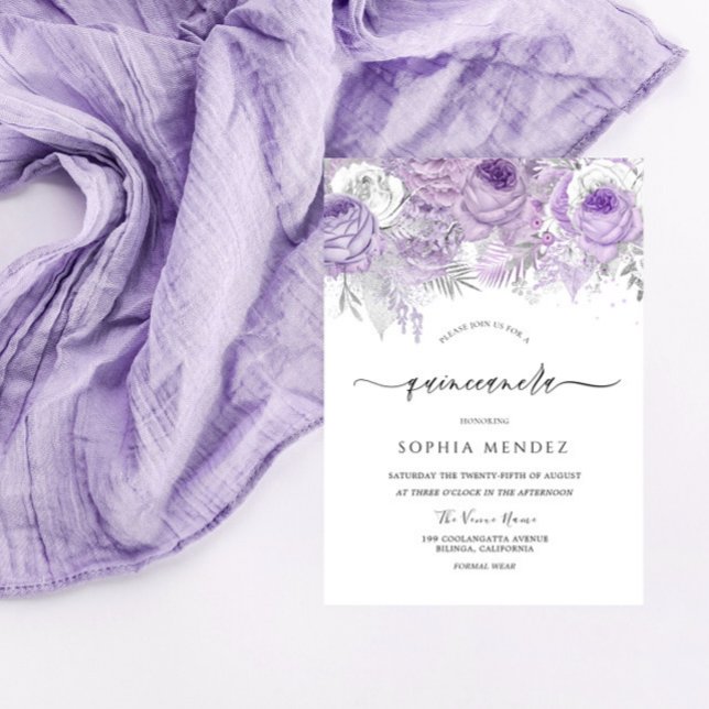 Convite Lavanda Purple Sparkle Floral Quinceanera (Criador carregado)