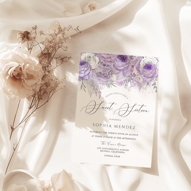 Convite Lavanda Purple Sparkle Floral Sweet 16 Party (Criador carregado)