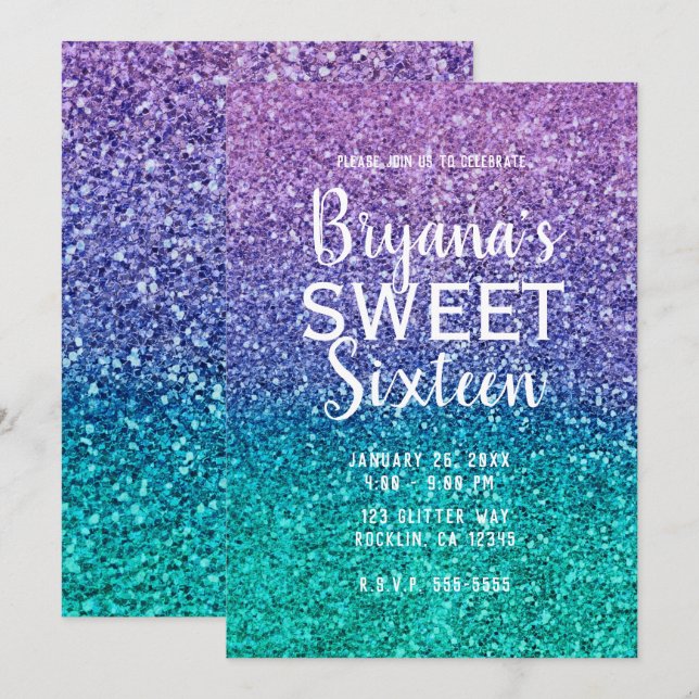 Convite Lavanda Purple & Teal Aqua Green Sparkly Sweet 16 (Frente/Verso)