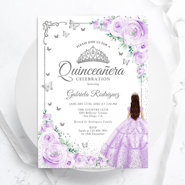 Convite Lavanda Purple Watercolor Quinceanera Floral (Criador carregado)