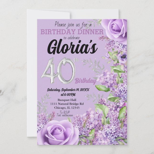 Convite Lavanda púrpura de aniversário de 40 anos floral (Frente)