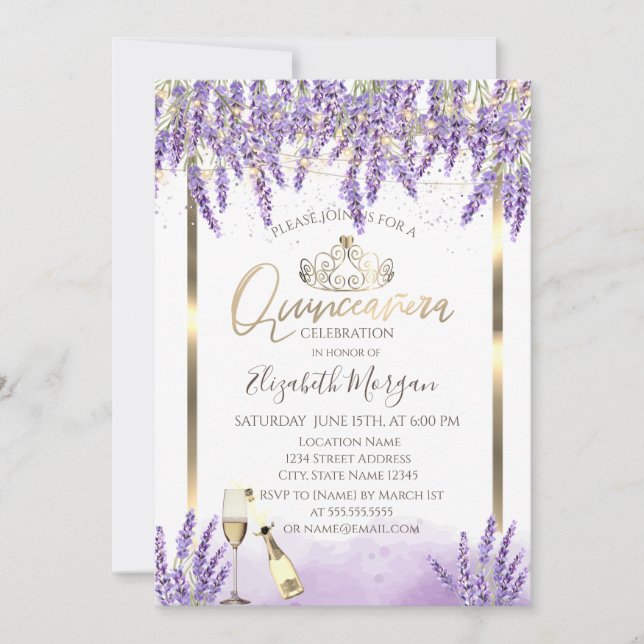 Convite Lavanda Quadro Vinho Quinceanera (Frente)