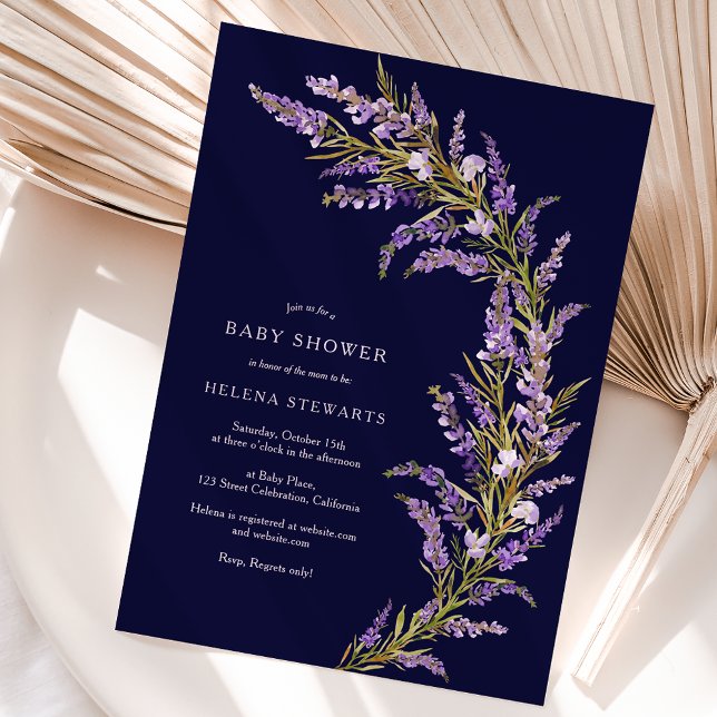 Convite Lavanda Queda chá de fraldas de aquarela floral (Lavender Fall floral watercolor baby shower Invitation on navy blue)