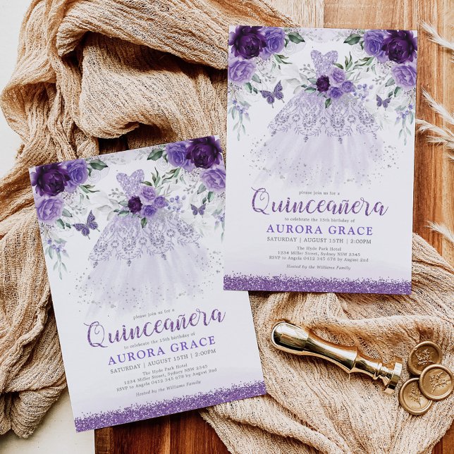 Convite Lavanda Quinceañera Princesa Vestida Borboletas (Criador carregado)