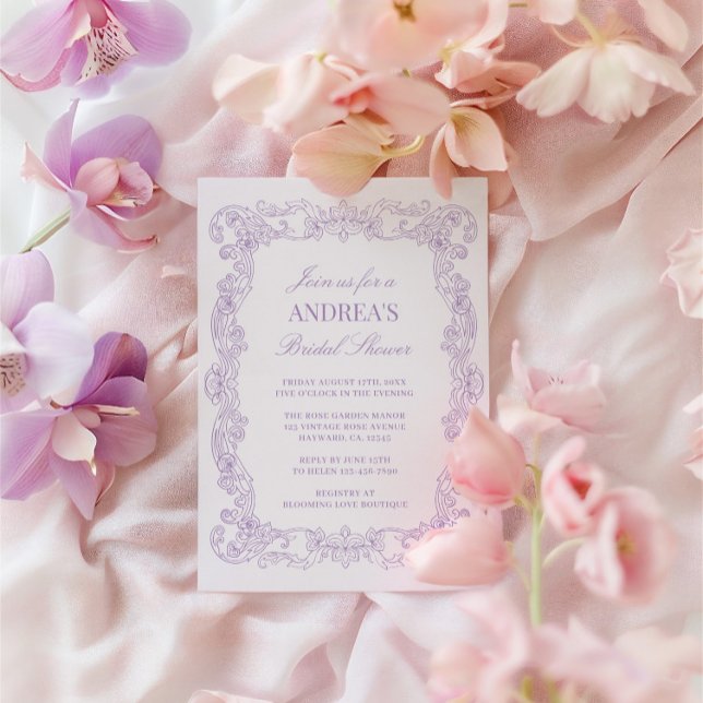 Convite Lavanda Romântica Elegante Vintage (Elegant Vintage Romantic Lavender Bridal Shower Invitation)