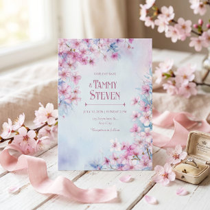 Convite Lavanda Rosa Borda de Sakura em Aquarela Casamento