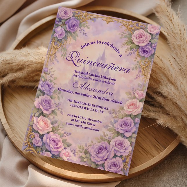 Convite Lavanda Rosa Dourada Jardim Quinceañera (Criador carregado)