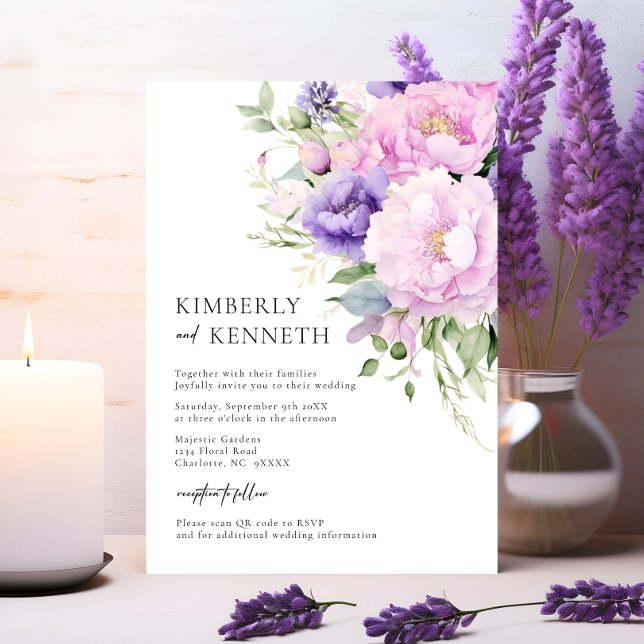 Convite Lavanda rosa púrpura RSVP Floral Código QR Casamen (Purple Lavender Pink Floral RSVP QR code Wedding Invitation)