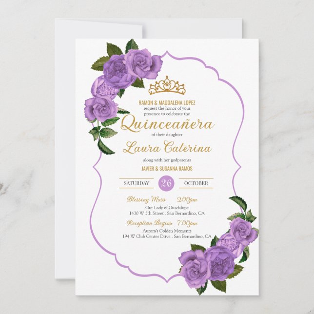 Convite Lavanda Rosas Roxos Dourada Quinceañera (Frente)