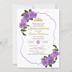 Convite Lavanda Rosas Roxos Dourada Quinceañera
