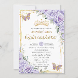 Convite Lavanda Roxa Borboleta Floral Dourada Quinceanera