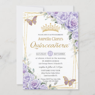 Convite Lavanda Roxa Borboleta Floral Dourada Quinceanera