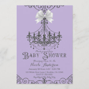 Convite Lavanda Roxa e Laço Branco Prata Chás de Bebê