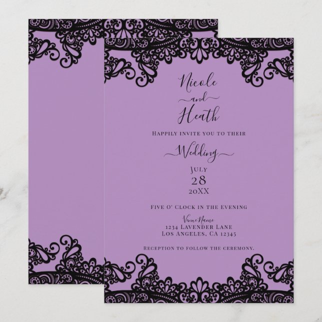 Convite Lavanda Roxa e Laço Preto Casamento Elegante (Frente/Verso)
