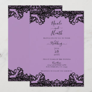 Convite Lavanda Roxa e Laço Preto Casamento Elegante