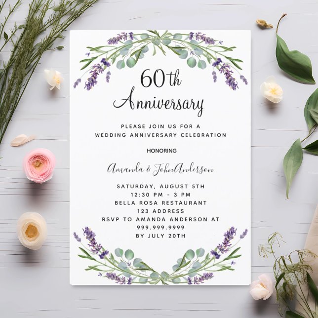 Convite Lavanda roxa floral 60º aniversário de casamento (Criador carregado)