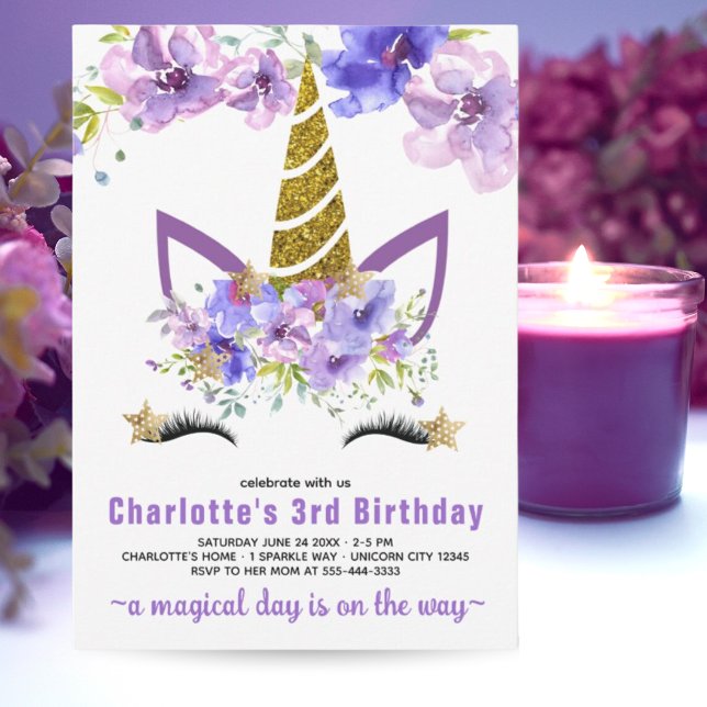 Convite Lavanda Roxa Floral Unicorn Birthday Barty (Purple Lavender Floral Unicorn Birthday Barty Invitation)