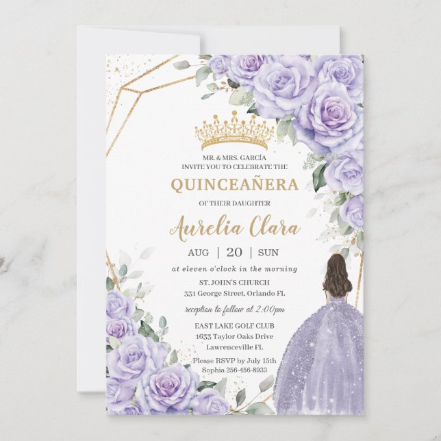 Convite Lavanda roxa Princesa Floral Dourada Quinceañera (Frente)