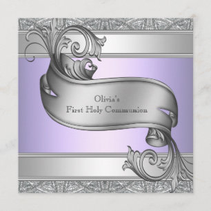 Convite Lavanda Roxo Cruz Prata Meninas Primeira Comunhão