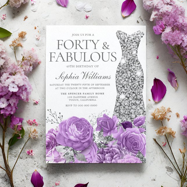 Convite Lavanda Roxo e aniversário de 40 anos de Prata (Criador carregado)