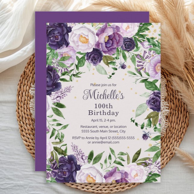 Convite Lavanda Roxo Elegante Floral 100º Aniversário (Elegant purple and lavender watercolor floral women's 100th birthday party invitation)