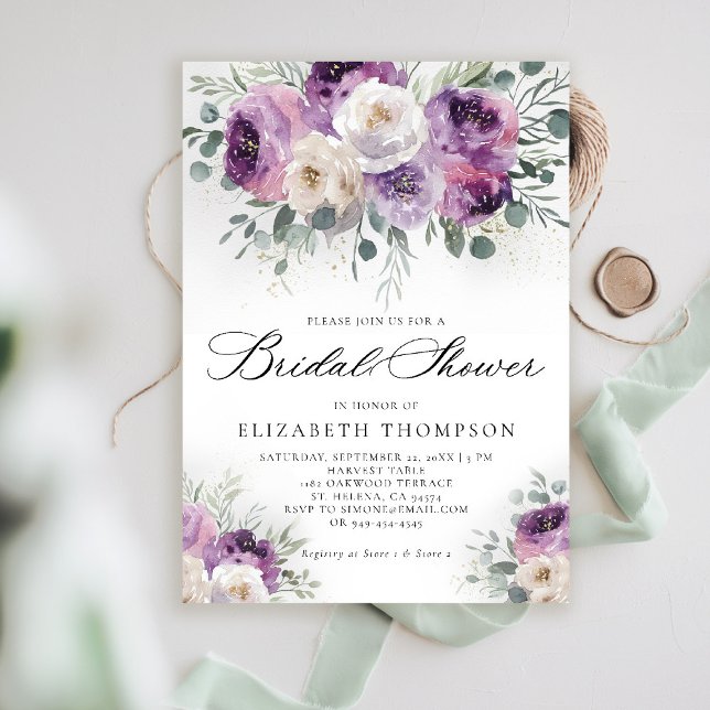 Convite Lavanda Roxo Eucalyptus Chic Chá de panela (rustic purple bridal shower invitation watercolor elegant floral eucalyptus lavender mauve barn)
