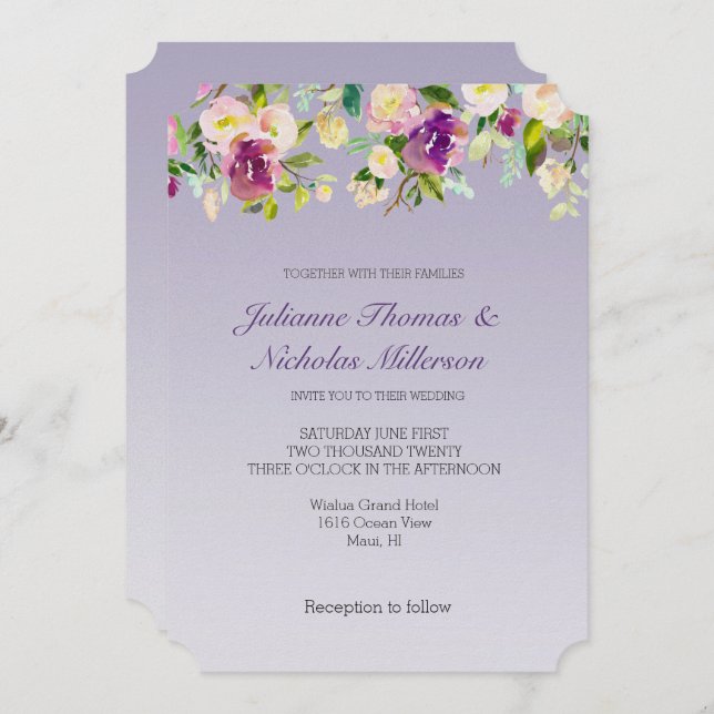 Convite Lavanda Roxo Ombre Borgonha Rubor Floral (Frente/Verso)