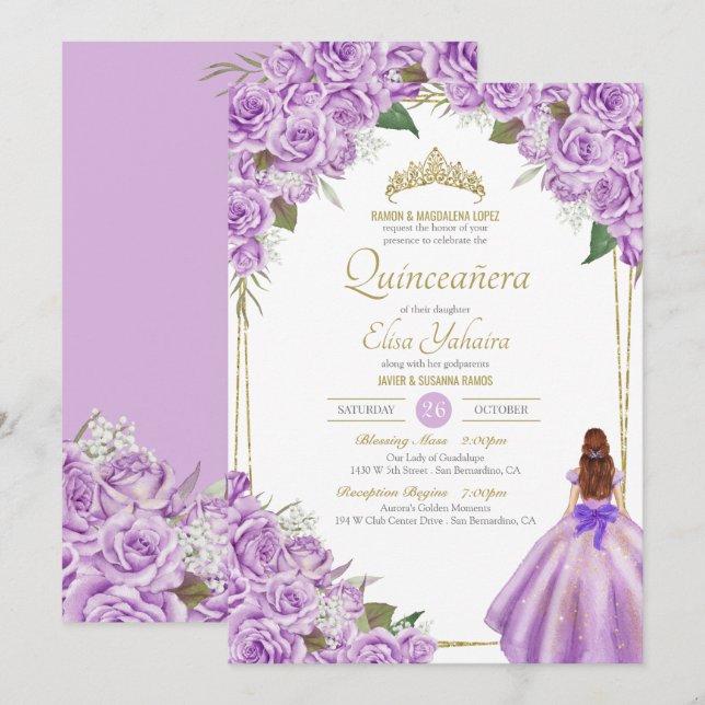 Convite Lavanda Roxo Quinceanera Elegante Rosa Floral (Frente/Verso)