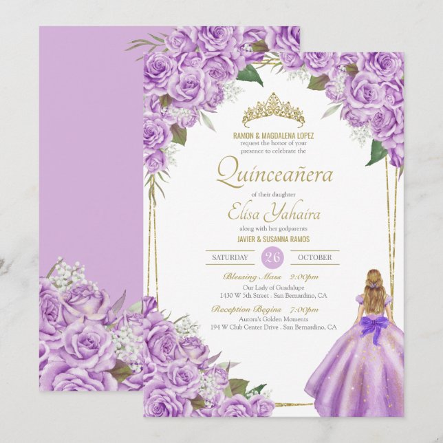 Convite Lavanda Roxo Quinceanera Elegante Rosa Floral (Frente/Verso)