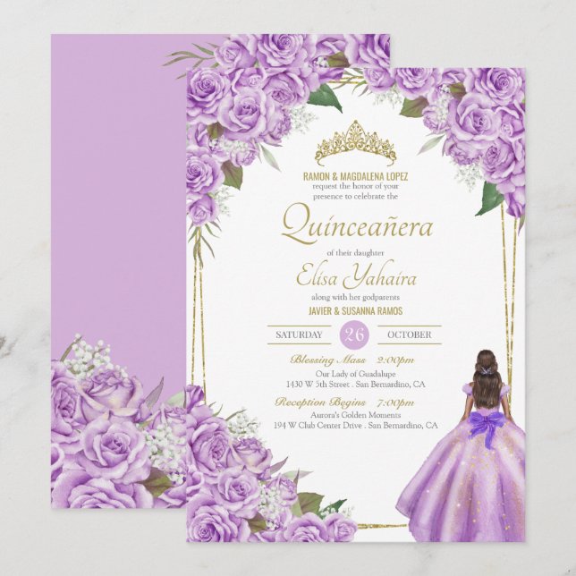 Convite Lavanda Roxo Quinceanera Elegante Rosa Floral (Frente/Verso)