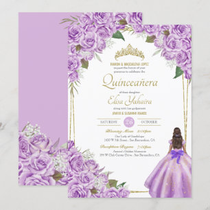 Convite Lavanda Roxo Quinceanera Elegante Rosa Floral