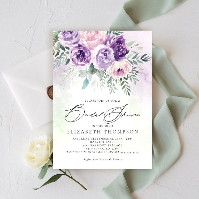 Convite Lavanda Roxo Rústica Chá de panela Floral Lilac (purple lavender lilac bridal shower brunch invitation watercolor floral garden romantic rustic chic)