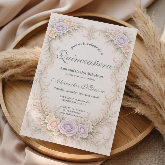 Convite Lavanda Rubor Barroco Quinceañera (Criador carregado)